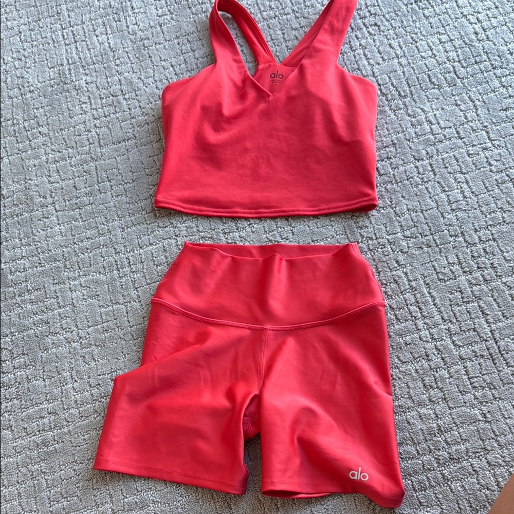 ALO Yoga Coral Sports Bra and Shorts Set